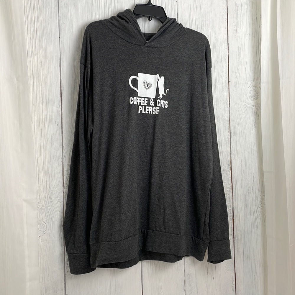 Gray and White Coffee and Cats Please Hooded Tee